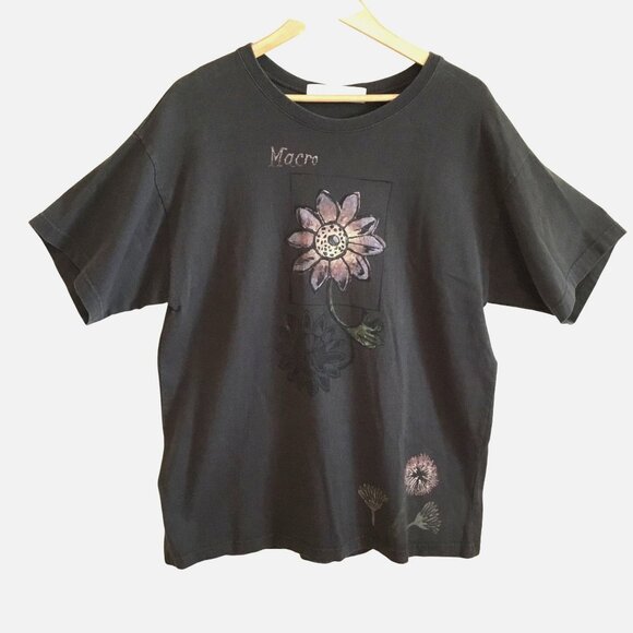BLUE FISH 1998 Macro Flower Tee Gray Organic Cotton Shirt Women Lagenlook M USA - Picture 1 of 8